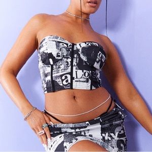 Black Newspaper Print Cup Detail Corset Top